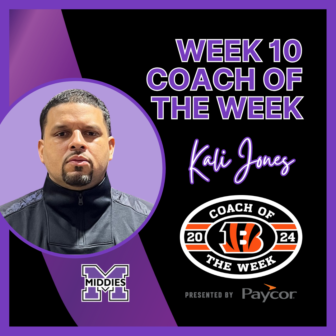 Photo of Coach Kali jones. Text reads "week 10 coach of the week, kali jones". Graphic includes bengals logo and middies logo.